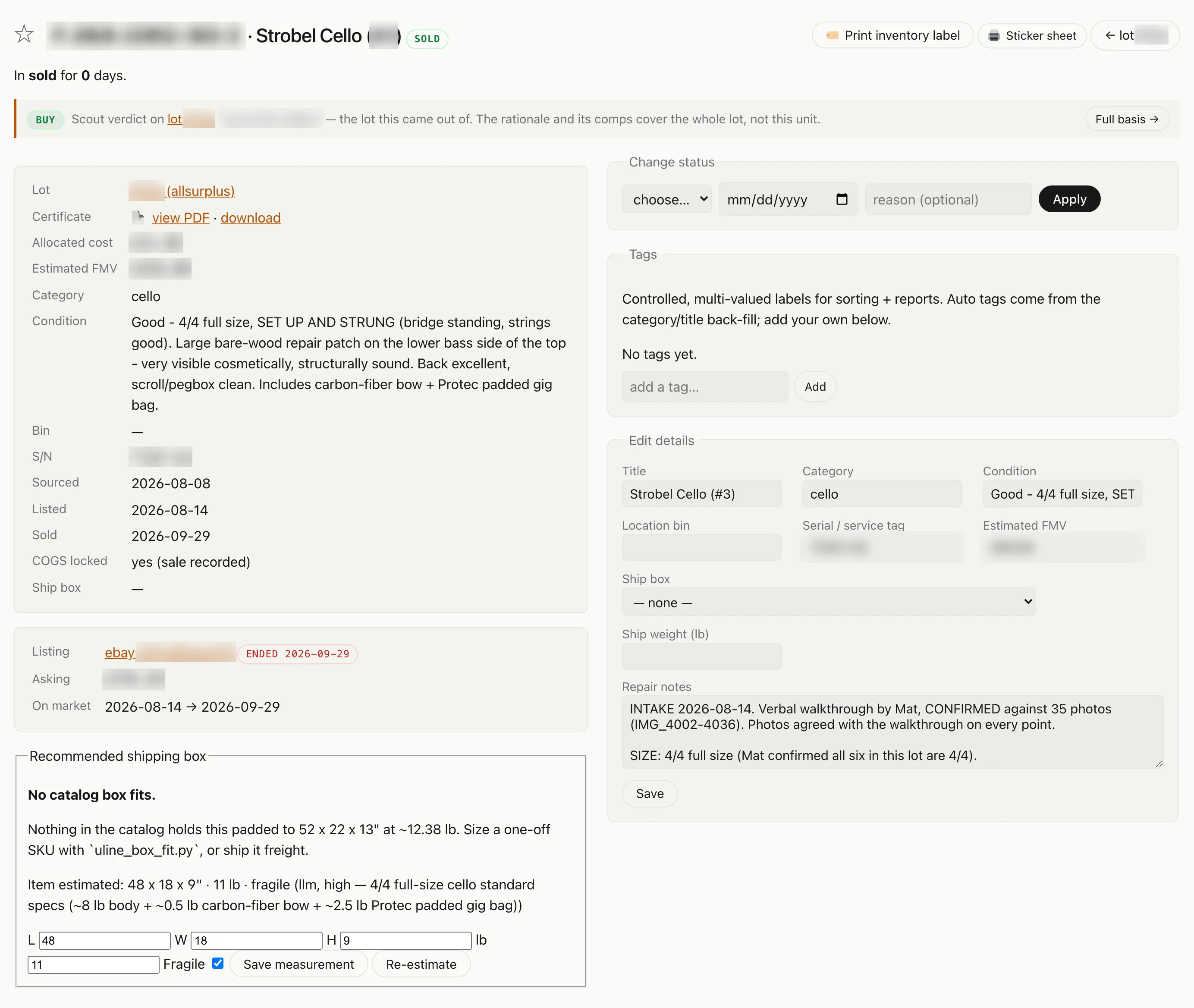 An item record in the flipping app for a sold cello, showing its lot, cost, condition, sourced, listed and sold dates, a locked cost of goods, and a recommended shipping box, with identifiers and prices blurred